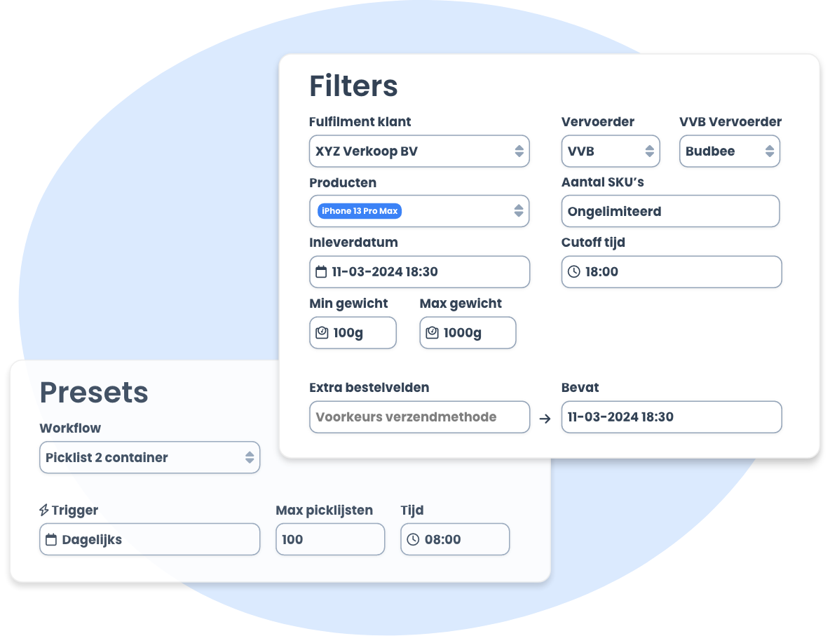 Interface met filters en presets voor batchverwerking, inclusief keuzes voor producten, inleverdatum, en verzendmethoden.