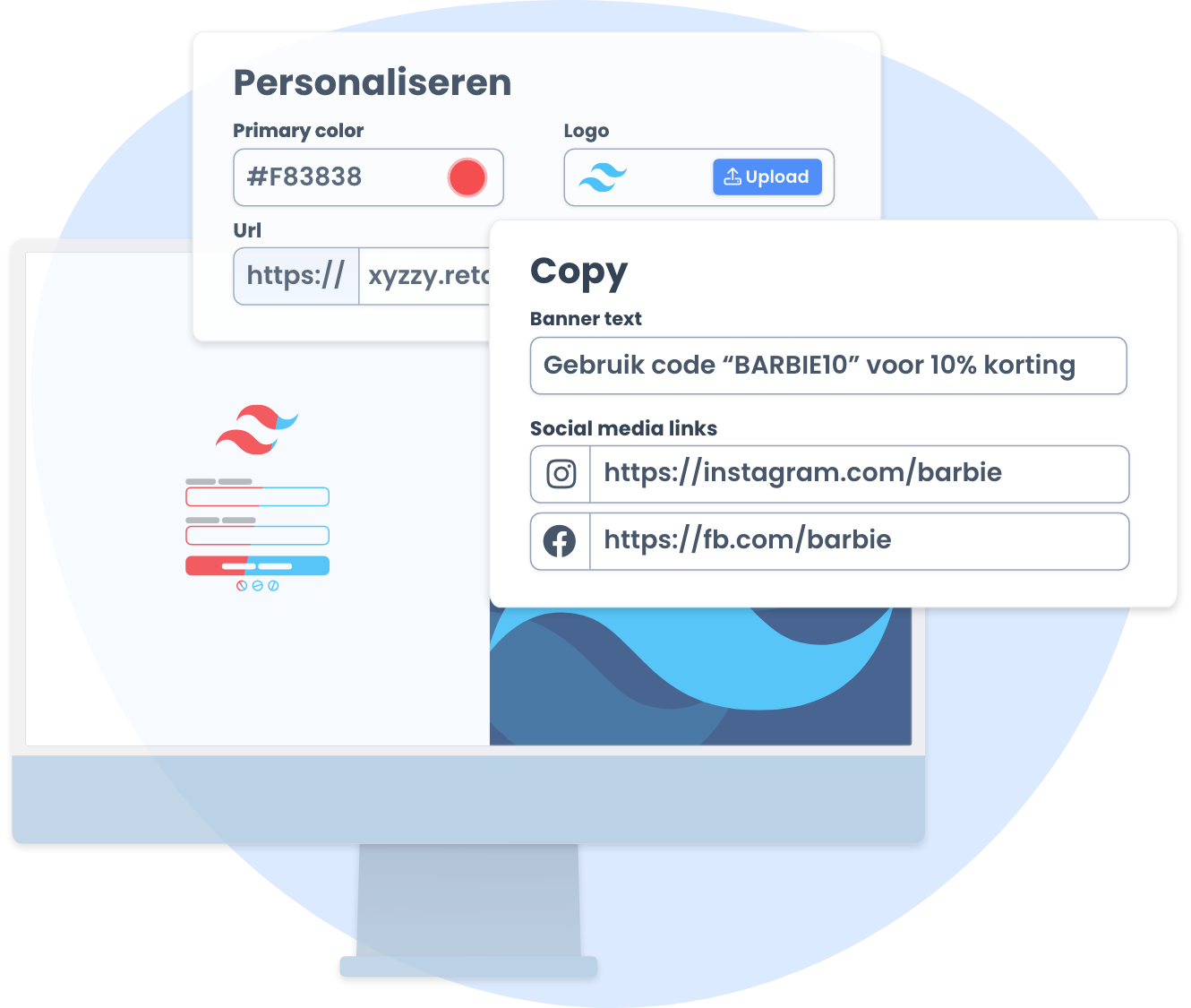 Interface voor het personaliseren van een retourportal, inclusief opties voor het aanpassen van de primaire kleur, het uploaden van een logo, en het toevoegen van sociale media links en kortingscodes.