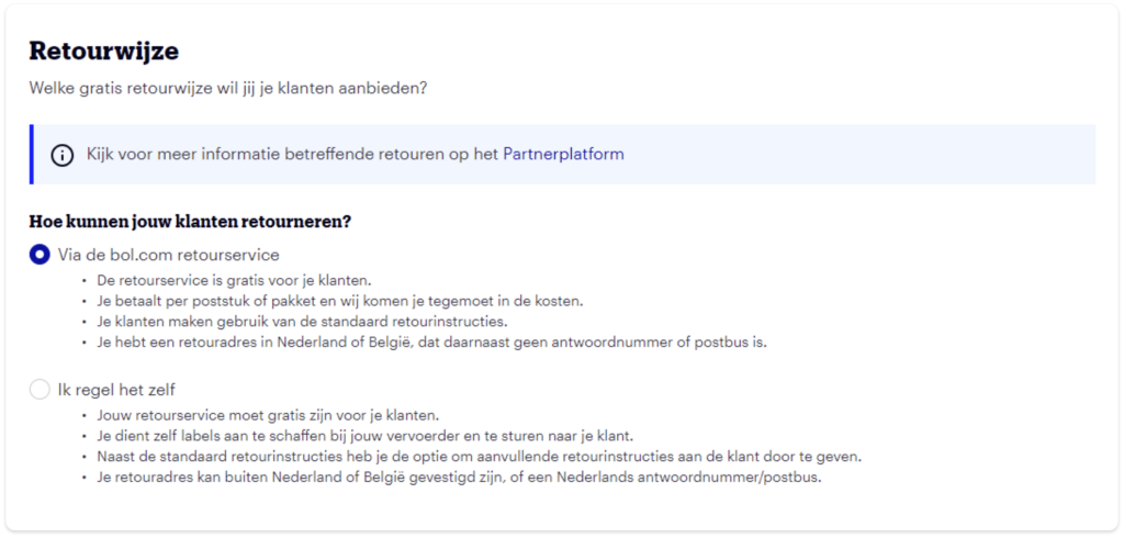 Selectie van de retourwijzes voor retouren verwerken via bol.com