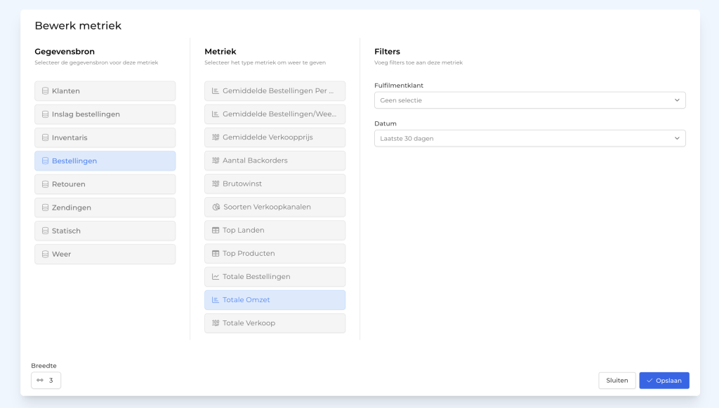 Screenshot van verschillende KPIs beschikbaar in de dashboard builder van Lyra WMS.